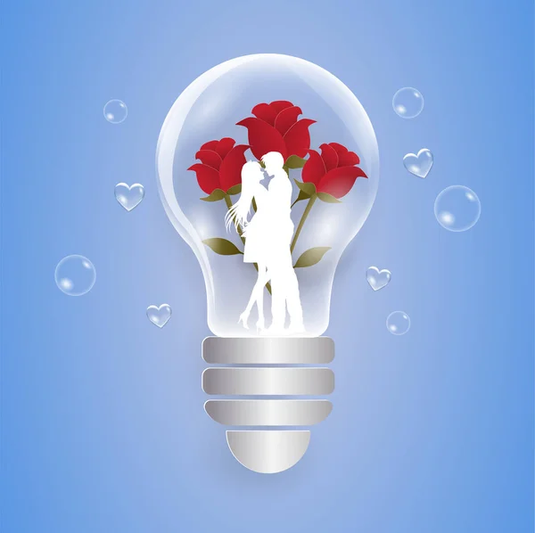 Paar Liebe Und Drei Rote Rosen Glühbirne Auf Der Hand — Stockvektor
