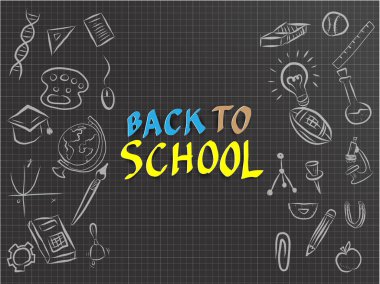 Okul vektör tasarımı kağıt kesim stili 3d başlık ve okul unsurları ve siyah grafik arkaplanlı elementlere geri dönüyoruz. Vektör illüstrasyonu.