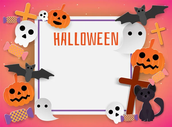 Bonito Halloween Gato Morcego Crânio Fantasma Cruz Abóbora Doces Fundo —  Vetores de Stock