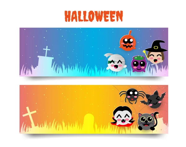 Banner Halloween Cute Trick Treat Pumpkin Mummy Ghost Zombie Devil — Stock Vector