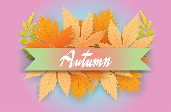 秋の手書きテキストボーダーリボンの葉 バナープレミアムピンク — ストックベクタ