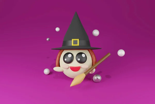 Renderowania Pomarańczowy Słodkie Kawaii Czarownica Fioletowe Tło Halloween Motyw — Zdjęcie stockowe