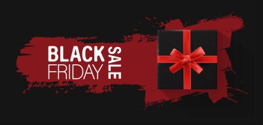 Kırmızı kurdeleli ve kırmızı arkaplanlı siyah hediye kutusu olan vektör siyah cuma indirimi.