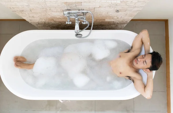 Top View Young Asian Man Relax Spa Bathtub — Stock Photo, Image