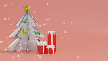 Üç boyutlu cam Noel ağacı ve üç kırmızı hediye kutusu. Mutlu Noeller ve mutlu yıllar..