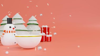 Üç boyutlu kardan adam, beyaz yarım küre sahnesi ve üç kırmızı hediye kutusu. Mutlu Noeller ve mutlu yıllar..