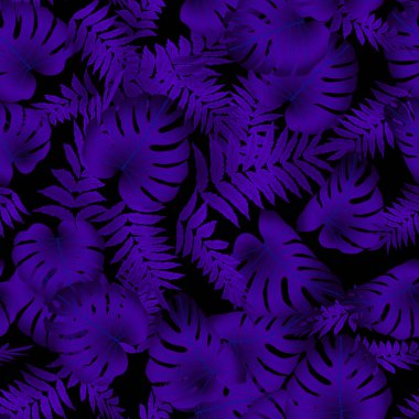 Vektör Dikişsiz tropikal desen, parlak tropikal bitki örtüsü, monstera yaprakları. Çalılıkları tropikal yaprak ormandan gelen baskı tasarımı modern parlak yaz.