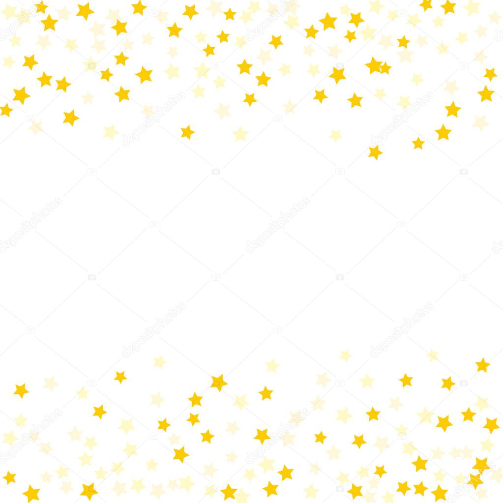 Gold  star-confetti fall on a white background. Illustration of flying shiny stars. Decorative element. Luxury background for your design, cards, invitations, gift, vip. 