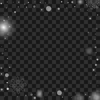 Noel kar. Kar yağışı. Saydam bir arka plan üzerinde beyaz şeffaf güzel kar taneleri parlayan, izole.