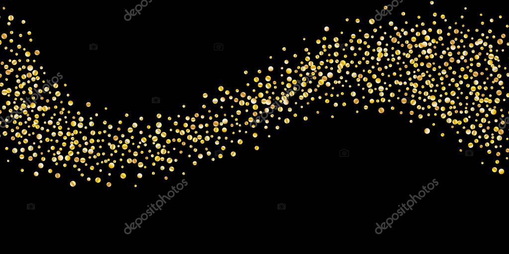 Golden glitter confetti on a black background. Illustration of a drop of shiny particles. Decorative element. Luxury background for your design, greeting cards, invitations, gift, vip.