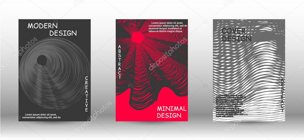 Set of modern abstract covers. 3D distorted lines for brochure, sound poster. Trendy geometric patterns. EPS10 Vector Design.