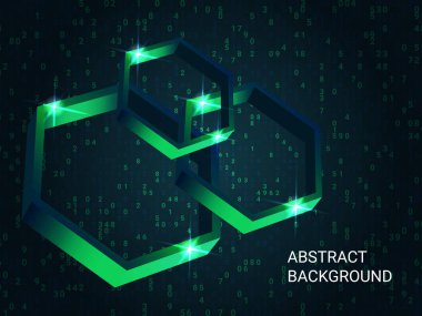 Arkaplanda geometrik çokgenler parıldıyor.