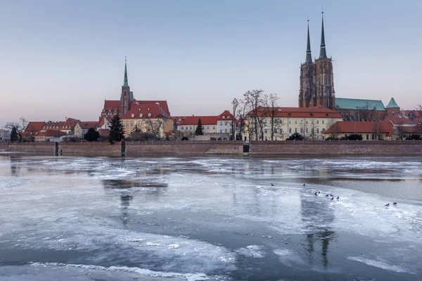 Wroclaw 오드라 강에서 오스터 스키의 얼음과 아름다운건 축물이 모습을 보았다 — 스톡 사진