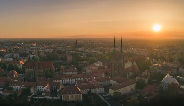 Reggelt Wroclaw Reggeli Légi Felvétel Ébredő Ostrow Tumskiról Wroclawban Gyönyörű — Stock Fotó