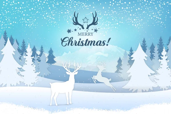 Tatil tebrik kartı kavramı. Mutlu Noeller. Şık bir Noel motifi ile yazı kış görünümü, yatay, geyik, ağaçlar ve dağlar yağan kar ile
