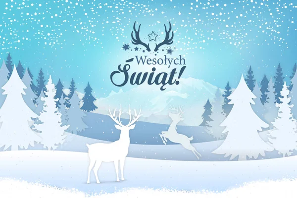 ホリデー グリーティング カードのコンセプトです メリー クリスマスは ポーランドで書かれています レタリング クリスマスをモチーフにしたスタイリッシュな冬の鹿 雪の山を見るの風景 — ストック写真