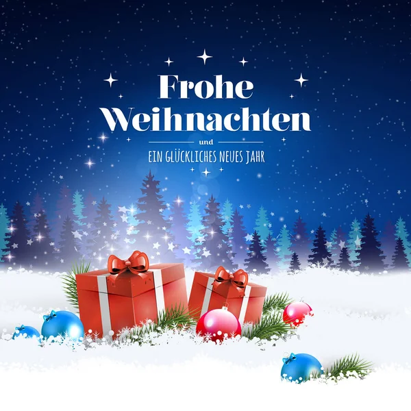 ドイツ語でスタイリッシュなクリスマスと幸せな新年レタリングのグリーティング カードのコンセプトです 冬の夜の風景 雪と空に降る雪に横たわっている贈り物 — ストック写真