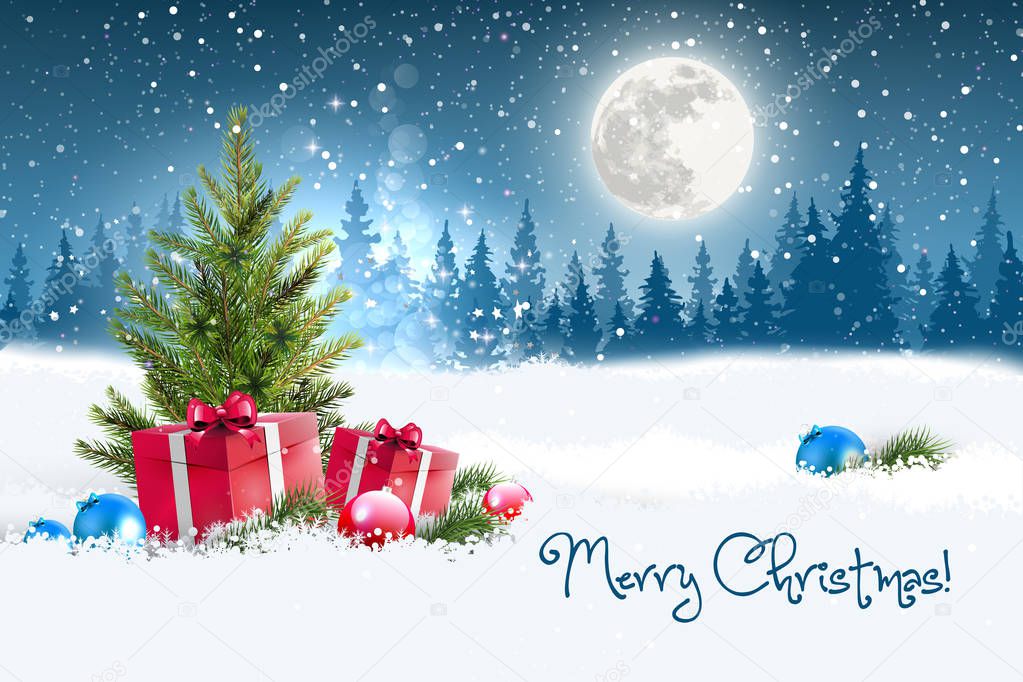 Christmas greeting card concept with the words Merry Christmas. Winter night scenery with the moon in the background, gifts lying in the snow near the Christmas tree and baubles. Snow is vis