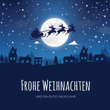 Almanca Merry Christmas kelimelerle tebrik kartı. Arka planda, kış gece manzarası, moon, Ren geyiği kasaba takım Noel Baba ve yağan kar