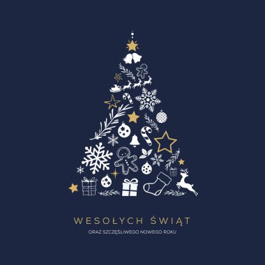 Tebrik kartı kavramı Lehçe Merry Christmas kelimelerle. Soyut Noel ağacı şekil şenlikli sembolleri ile düzenlenmiş