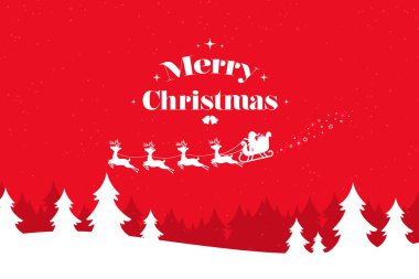 Şık Merry Christmas yazı ile tebrik kartı. Kış manzarası yağan kar ve Ren geyiği ekip Noel Baba ile