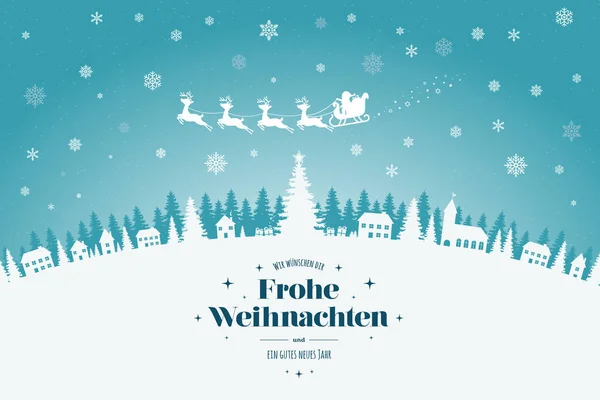 Şık Merry Christmas yazı Almanca ile tebrik kartı. Arka planda, bir kasabada bir kış manzarası, gökyüzünde bir Ren geyiği takım Noel Baba ve düşen kar ile