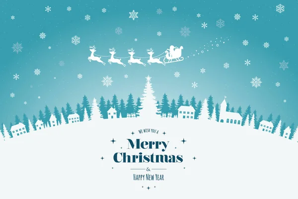 Şık Merry Christmas yazı ile tebrik kartı. Arka planda, bir kasabada bir kış manzarası, gökyüzünde bir Ren geyiği takım Noel Baba ve düşen kar ile