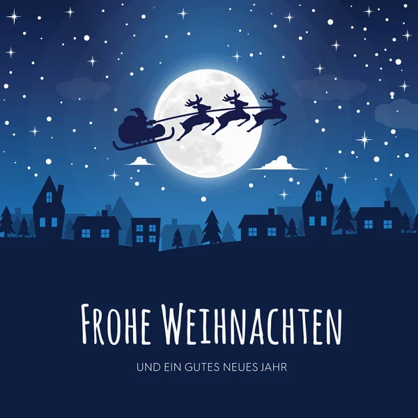 Almanca Merry Christmas kelimelerle tebrik kartı. Arka planda, kış gece manzarası, moon, Ren geyiği kasaba takım Noel Baba ve yağan kar