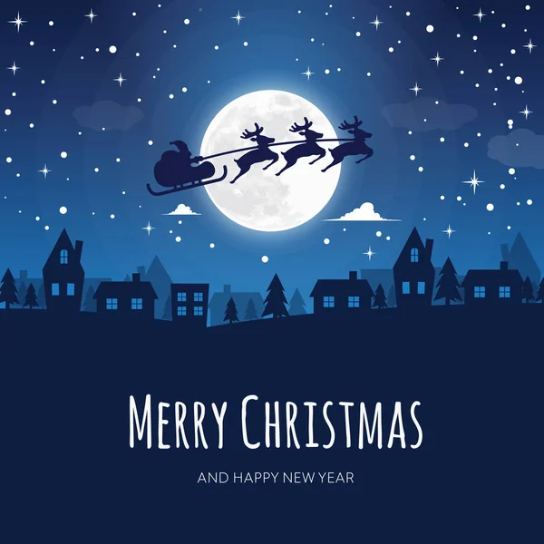 Mutlu Noeller kelimelerle tebrik kartı. Arka planda, kış gece manzarası, moon, Ren geyiği kasaba takım Noel Baba ve yağan kar