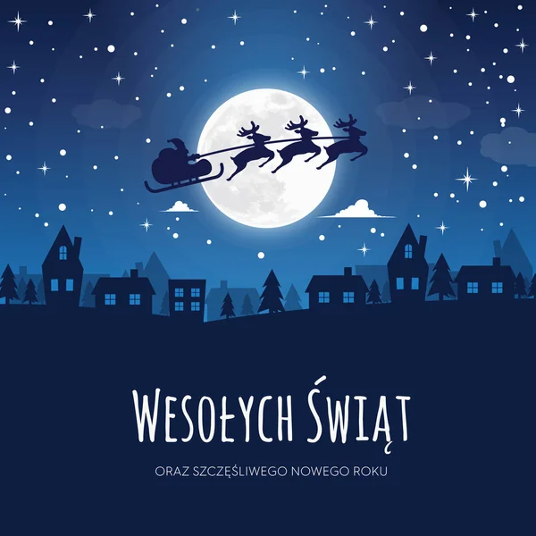 Lehçe Merry Christmas kelimelerle tebrik kartı. Arka planda, kış gece manzarası, moon, Ren geyiği kasaba takım Noel Baba ve yağan kar