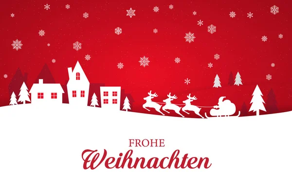 グリーティング カード ドイツ語でスタイリッシュなメリー クリスマスの文字 雪が降っているとサンタ クロースとトナカイ チーム冬景色 — ストック写真