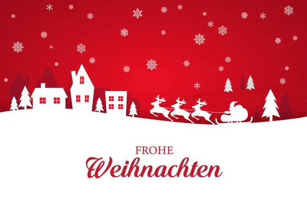 Şık Merry Christmas yazı Almanca ile tebrik kartı. Kış manzarası yağan kar ve Ren geyiği ekip Noel Baba ile