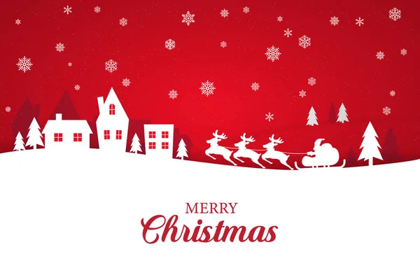 Şık Merry Christmas yazı ile tebrik kartı. Kış manzarası yağan kar ve Ren geyiği ekip Noel Baba ile