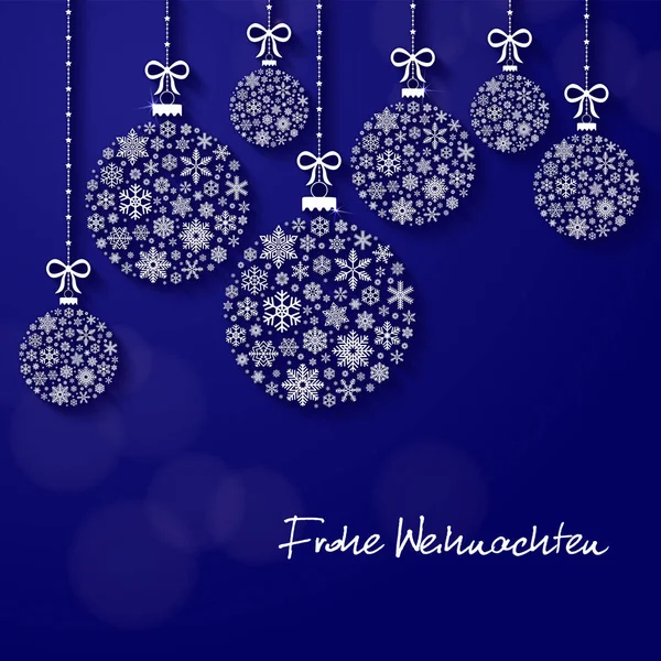 言葉ドイツ語でメリー クリスマスのグリーティング カード 上からスタイリッシュな雪の結晶の形をしたつまらないものにしがみつくリボン — ストック写真