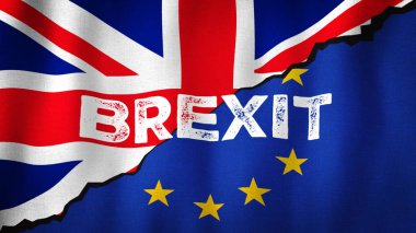 Brexit Union Jack ve AB bayrağını rüzgarda dalgalandırdı. Çok detaylı kumaş dokusuna sahip gerçekçi breksit konsept bayrağının yakın çekimi