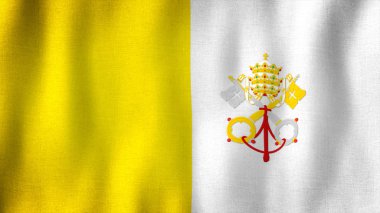 Vatikan bayrağı rüzgarda dalgalanıyor. Çok detaylı kumaş dokusuna sahip gerçekçi bayrağın yakın çekimi