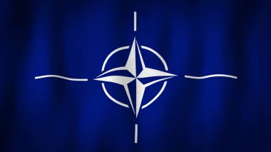 NATO bayrağı rüzgarda dalgalanıyor. Çok detaylı kumaş dokusuna sahip gerçekçi Kuzey Atlantik İttifakı bayrağına yakın çekim