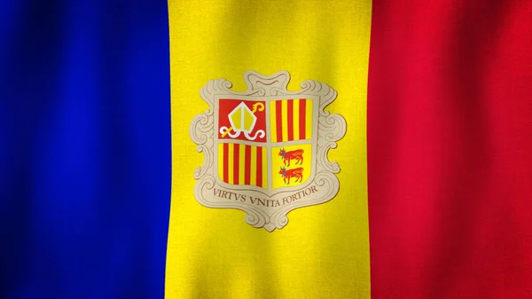 Andorra Flaggan Vinkar Vinden Närbild Realistisk Flagga Med Mycket Detaljerad — Stockfoto