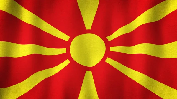马其顿国旗在风中飘扬 具有非常详细面料质感的现实马其顿国旗的布景 — 图库照片
