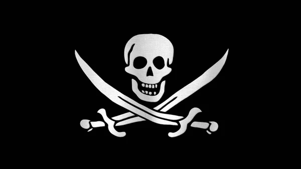 Jolly Roger Flagga Viftar Vinden Närbild Realistisk Piratflagga Med Mycket — Stockfoto