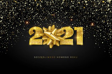 Polonya 'da 2021 yılınız kutlu olsun. Düşen altın konfetili tebrik kartı, büyük parlak yazı ve oklu altın kurdele.