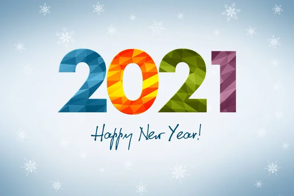 Mutlu yıllar 2021, kış temalı yeni yıl tebrik kartı konsepti, renkli geometrik figürlerden oluşan büyük yazıt 2021