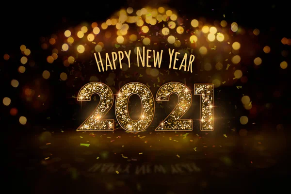 Yeni Yıl Arifesi 2021 - Mutlu Yıllar, altın motifli ve büyük parlak yazıtlı tebrik kartı konsepti