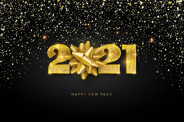 Mutlu yıllar 2021, Düşen altın konfetili tebrik kartı konsepti, Büyük parlak yazı ve fiyonklu altın kurdele