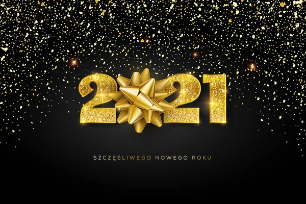 Polonya 'da 2021 yılınız kutlu olsun. Düşen altın konfetili tebrik kartı, büyük parlak yazı ve oklu altın kurdele.