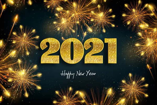 Mutlu yıllar 2021, havai fişek, altın ve parlak büyük yazıtlı tebrik kartı konsepti.