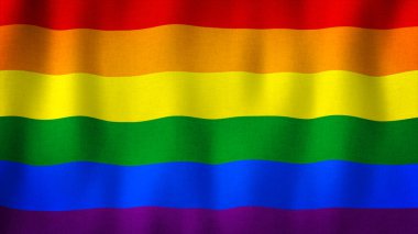 LGBT Gururlu Gökkuşağı bayrağı rüzgarda dalgalanıyor. Lezbiyen Gey Biseksüel Transseksüel. Oldukça detaylı kumaş dokusuna sahip gerçekçi LGBT bayrağına yakın çekim. Gökkuşağı aşk konsepti. İnsan hakları ve hoşgörü