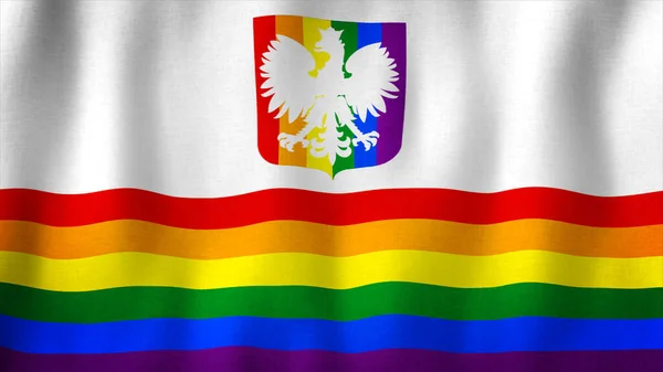 Hbtq Gay Pride Regnbågsflagga Polen Med Vapensköld Viftande Vinden Realistisk — Stockfoto