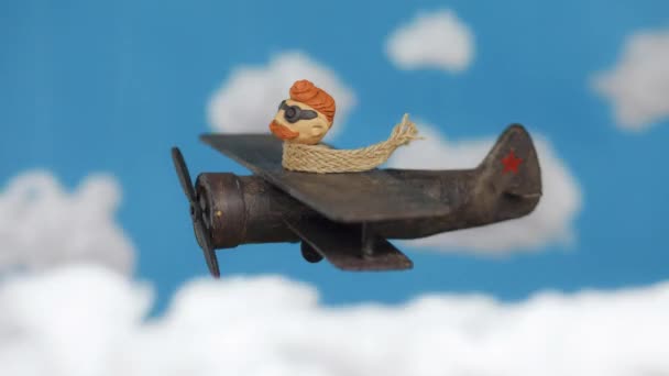 青空で雲の中飛行機の飛んでいる口髭の赤髪の男 — ストック動画