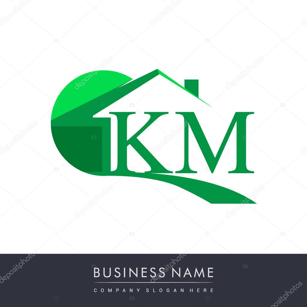 white background, green vector illustration of house, circle and letters km